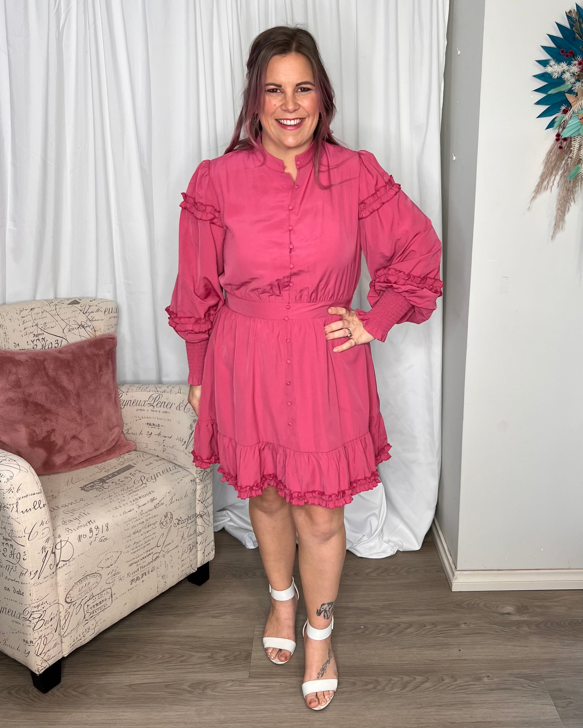 Lillian Mini Frill Dress: Each detail of the Lillian Mini Frill Dress is sweeter than the last. From the fabric buttons, to the open Mandarin Collar,to the frills and the shirred sleeve cuffs - Ciao Bella Dresses - Sass Clothing