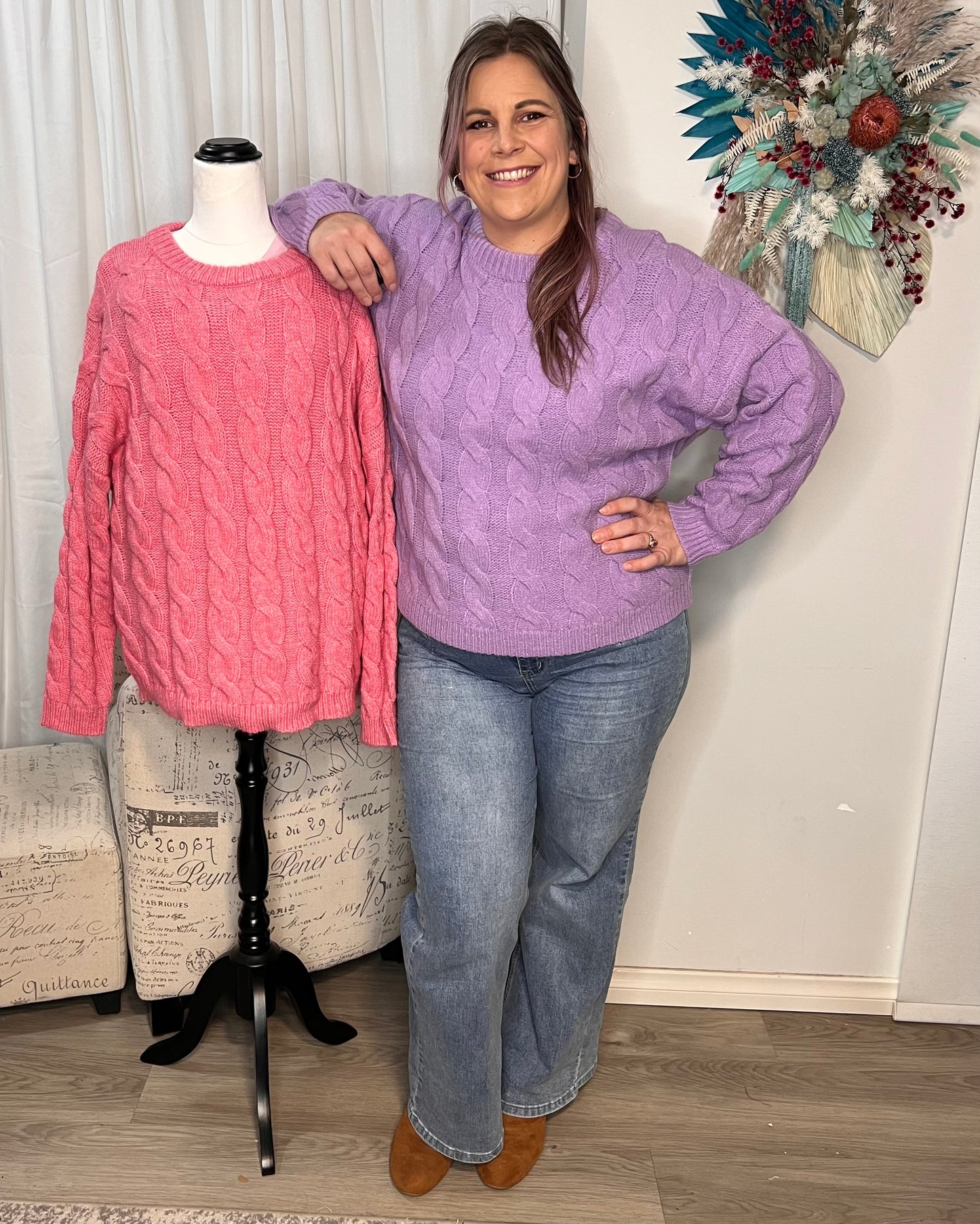 Felicity Cable Knit Jumper: This winter cable knit is brings a pop of colour to your winter wardrobe. It comes in pink or purple. Perfect for cold weather, this top features classic cable knit  - Ciao Bella Dresses 