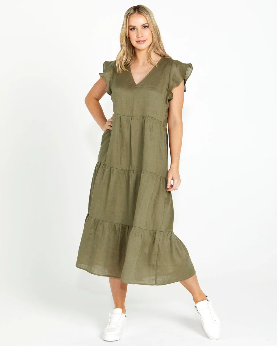 Kelsea Tiered Dress: 
Step out in style with the Kelsea Tiered Midi Dress - the perfect blend of comfort and sophistication. This dress features flutter sleeves, a tiered skirt, and a fl - Ciao Bella Dresses - Sass Clothing