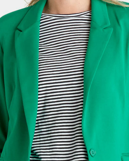 Merci Ponte Blazer - Green | Betty Basics | Introducing the Ponte Blazer, where comfort meets style with a fun and laid-back twist! Made with a soft stretch hand feel, this blazer is designed to keep you feeli