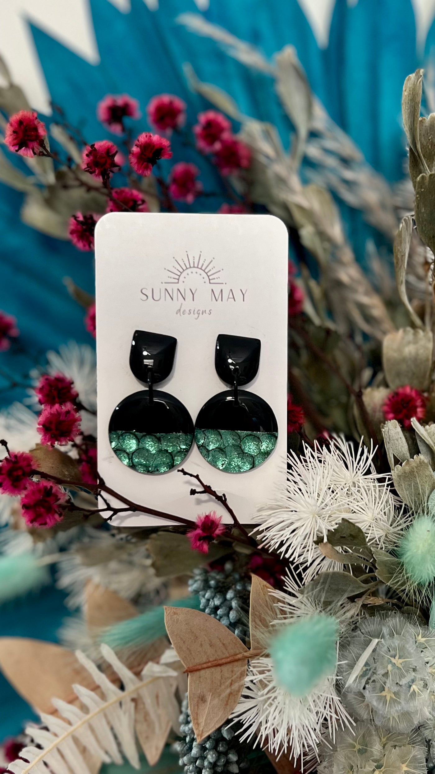 Sunny May Black Foil Earrings: These earrings are handmade from a delightful mix of gloss black with a vibrant contrasting foil feature
These gorgeous pieces are made in Perth WA  - Ciao Bella Dresses 