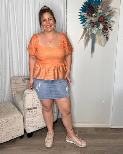 Miranda Shirred Top - Orange | Mylk the Label | The Miranda Top is a super sweet cut that can be dressed up or down
Features:

Rouched bust and back
Wear on or off the shoulder

Sizing:This item is true to size. A