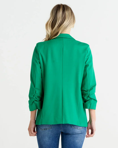 Merci Ponte Blazer - Green | Betty Basics | Introducing the Ponte Blazer, where comfort meets style with a fun and laid-back twist! Made with a soft stretch hand feel, this blazer is designed to keep you feeli