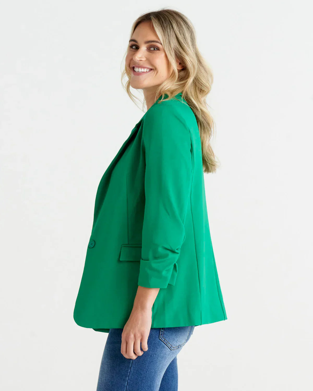 Merci Ponte Blazer - Green | Betty Basics | Introducing the Ponte Blazer, where comfort meets style with a fun and laid-back twist! Made with a soft stretch hand feel, this blazer is designed to keep you feeli