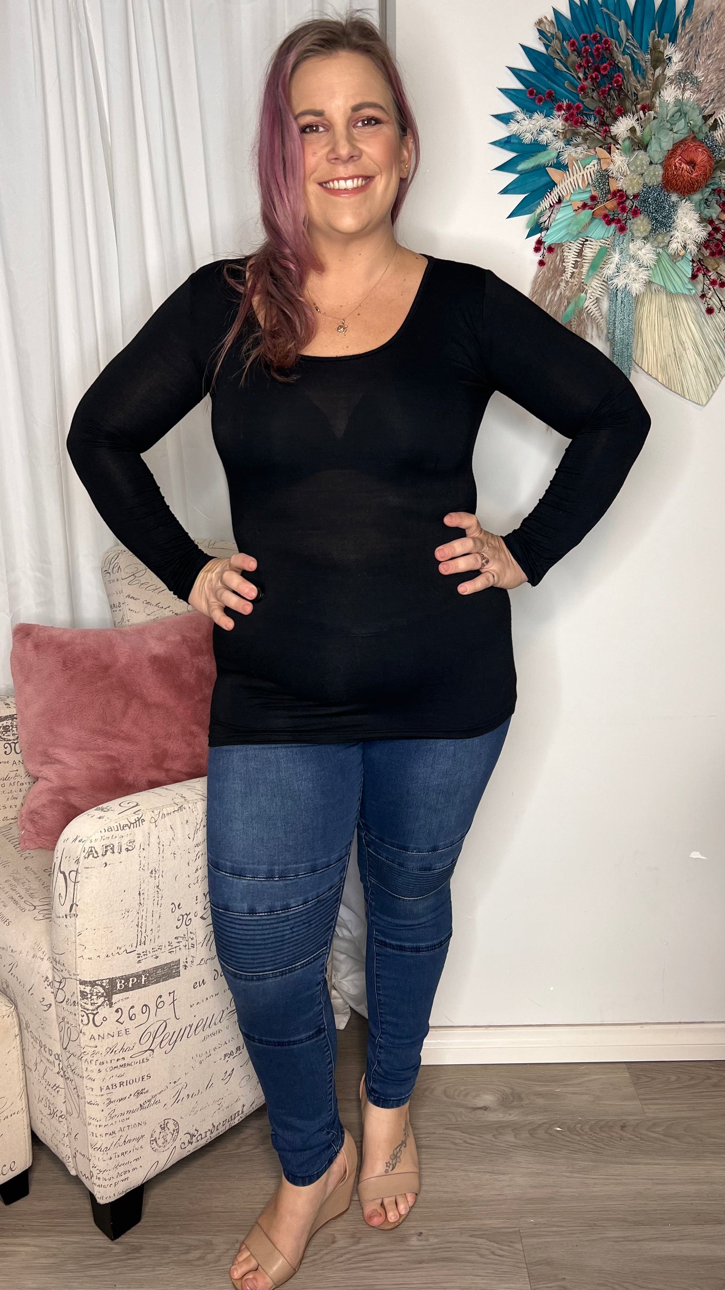 Basic Layering Top: This is the wardrobe staple everyone needs. Perfect for layering under dresses and cardis during the cooler months
Features:

Scoop neckline
Stretch fabric
Long slee - Ciao Bella Dresses - Freez