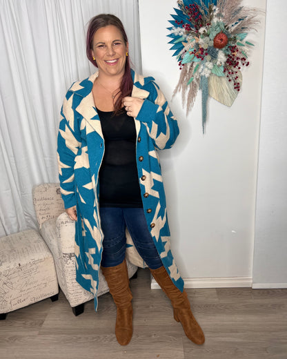 Azure Lightning Cardigan: This long cardigan is softer than soft and the best way to keep snuggly through winter whilst looking your best
Features:

Functional buttons
Reverse colour interior - Ciao Bella Dresses 