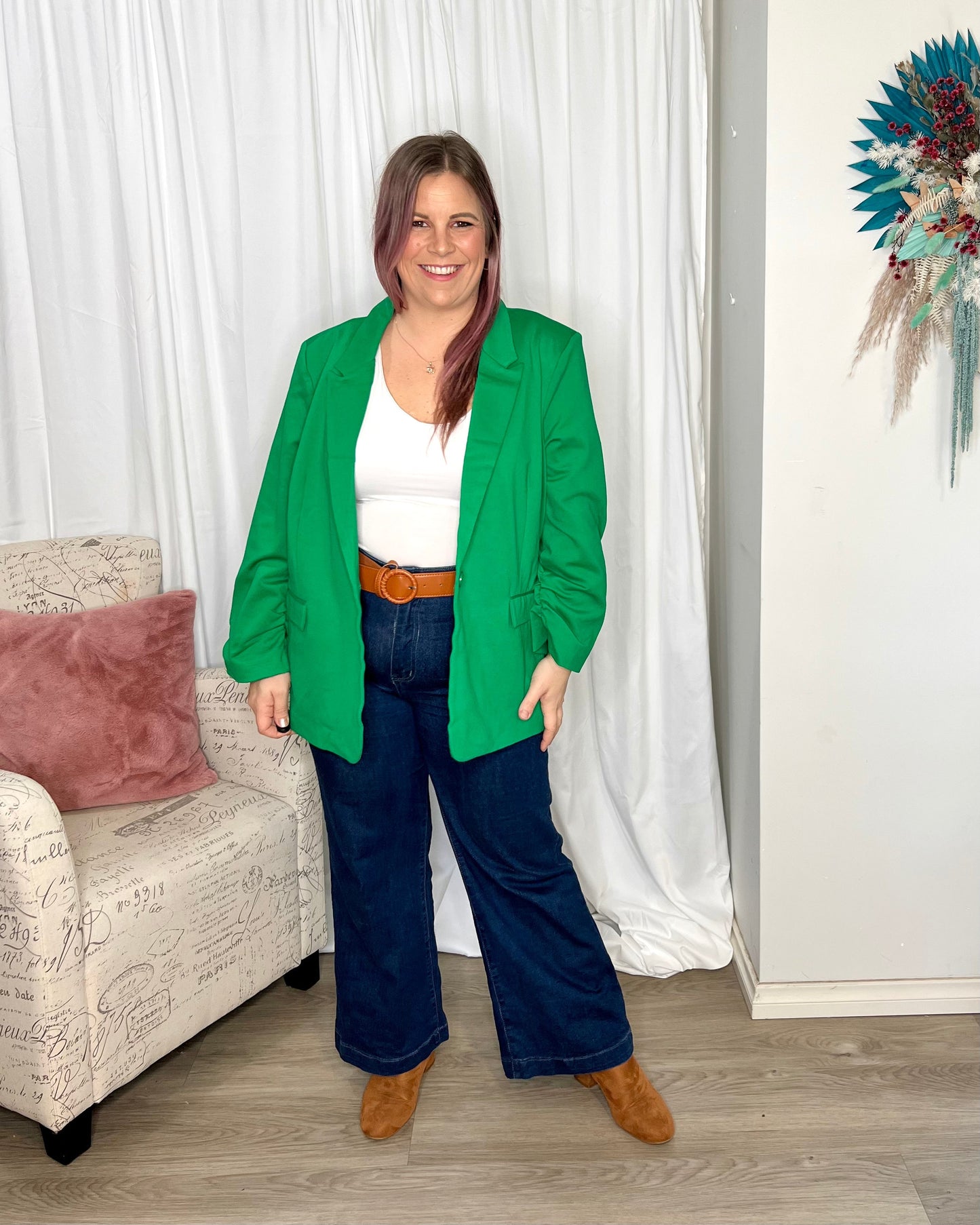 Merci Ponte Blazer - Green | Betty Basics | Introducing the Ponte Blazer, where comfort meets style with a fun and laid-back twist! Made with a soft stretch hand feel, this blazer is designed to keep you feeli