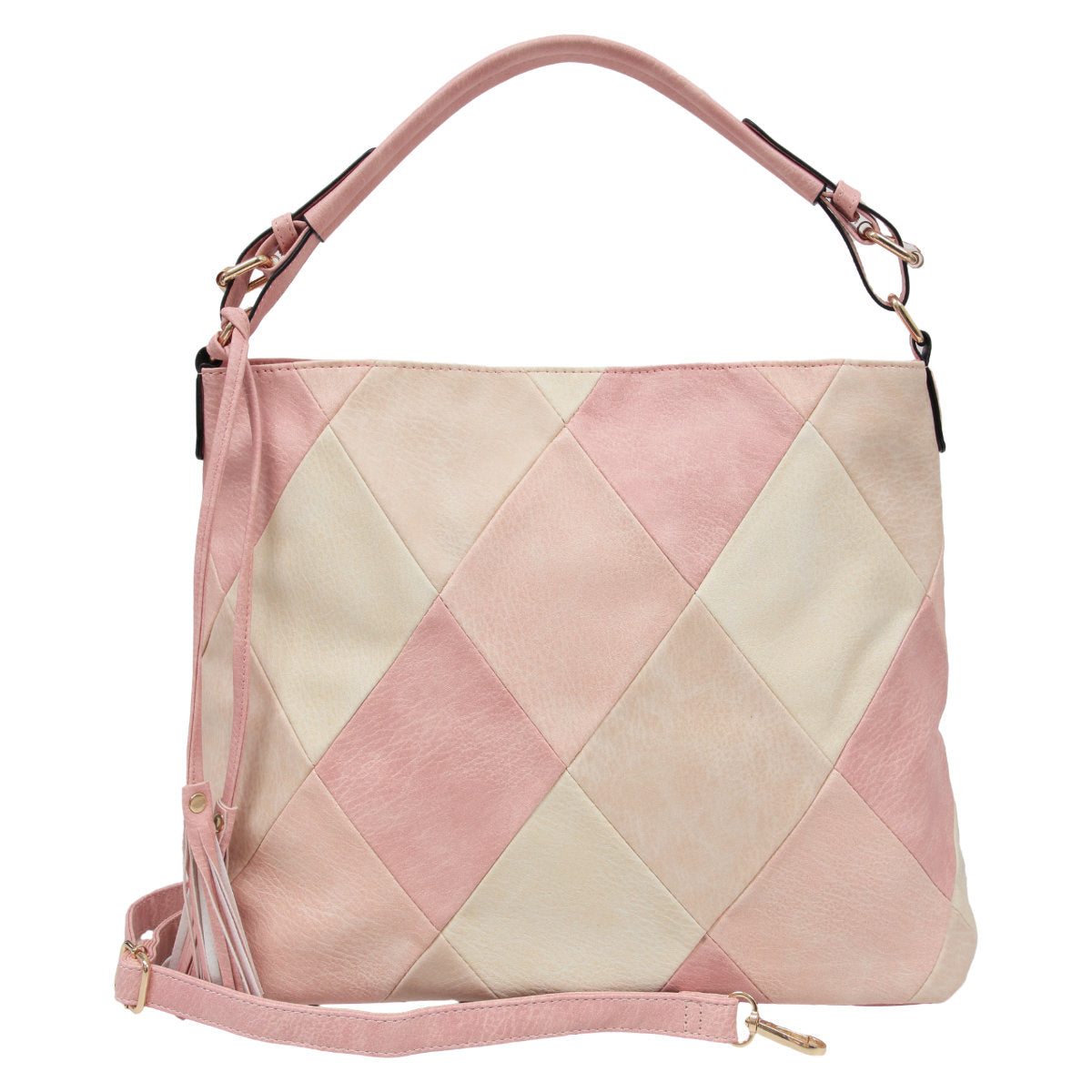 Harley Quin Shoulder Bag: Eye catching patchwork, diamond shaped front-pattern with double tassel. Soft gold hardware attaches shoulder handles and crossbody handle
Features: 

Dark interior  - Ciao Bella Dresses 