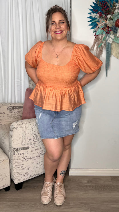 Miranda Shirred Top - Orange | Mylk the Label | The Miranda Top is a super sweet cut that can be dressed up or down
Features:

Rouched bust and back
Wear on or off the shoulder

Sizing:This item is true to size. A