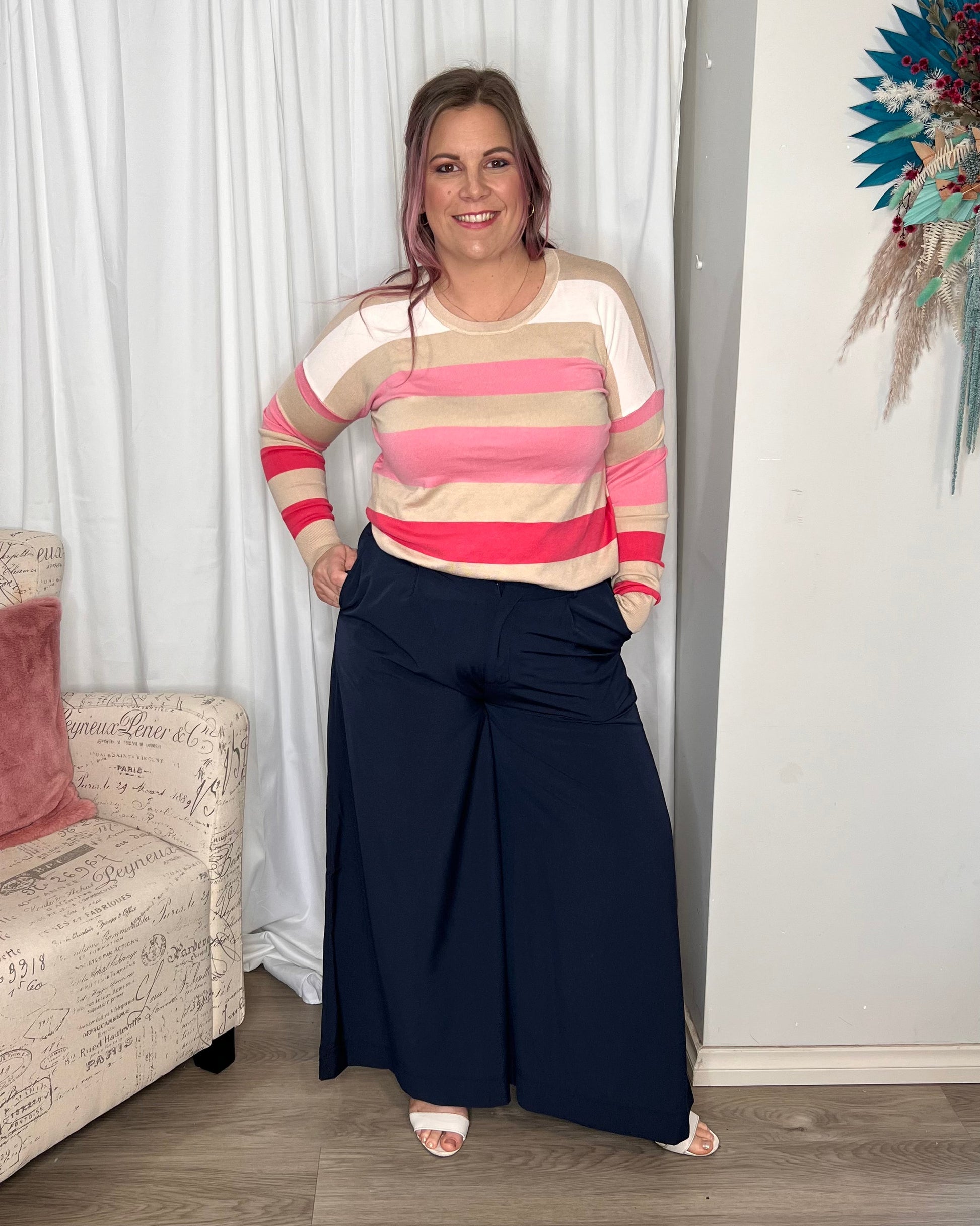 Lillian Palazzo Pants - Navy | Sass Clothing | The Lillian Palazzo Pants are a stunning shape to take you from office to after hours, year round. The pleats at the top streamline into a wide leg for the utmost in