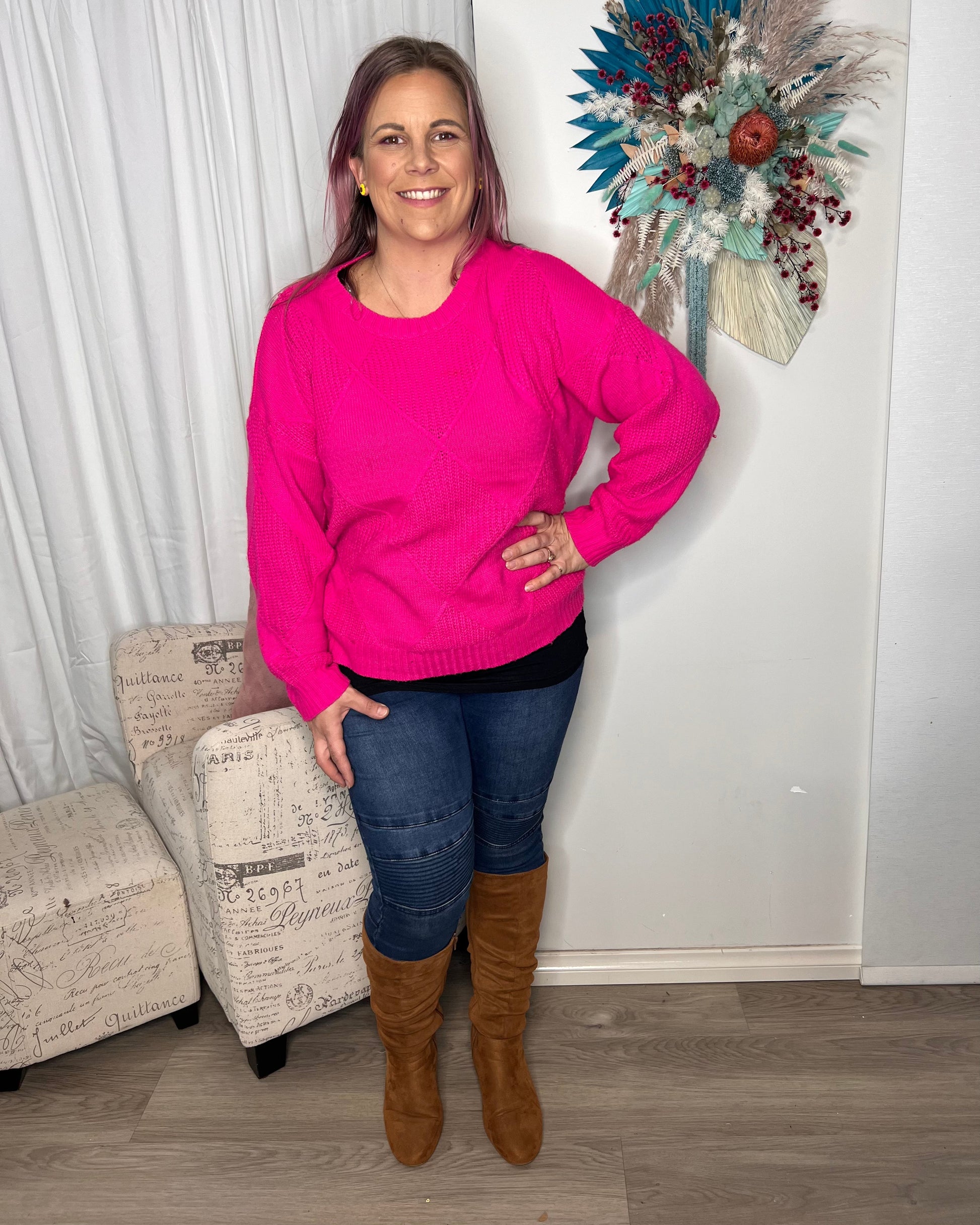 Marcia Knit Jumper - Pink | Label of Love | Photos do not do this piece justice. The Marcia Knit comes in two amazing vibrant colours that will brighten up the gloomiest day
Features:

Knit

Sizing: This item 