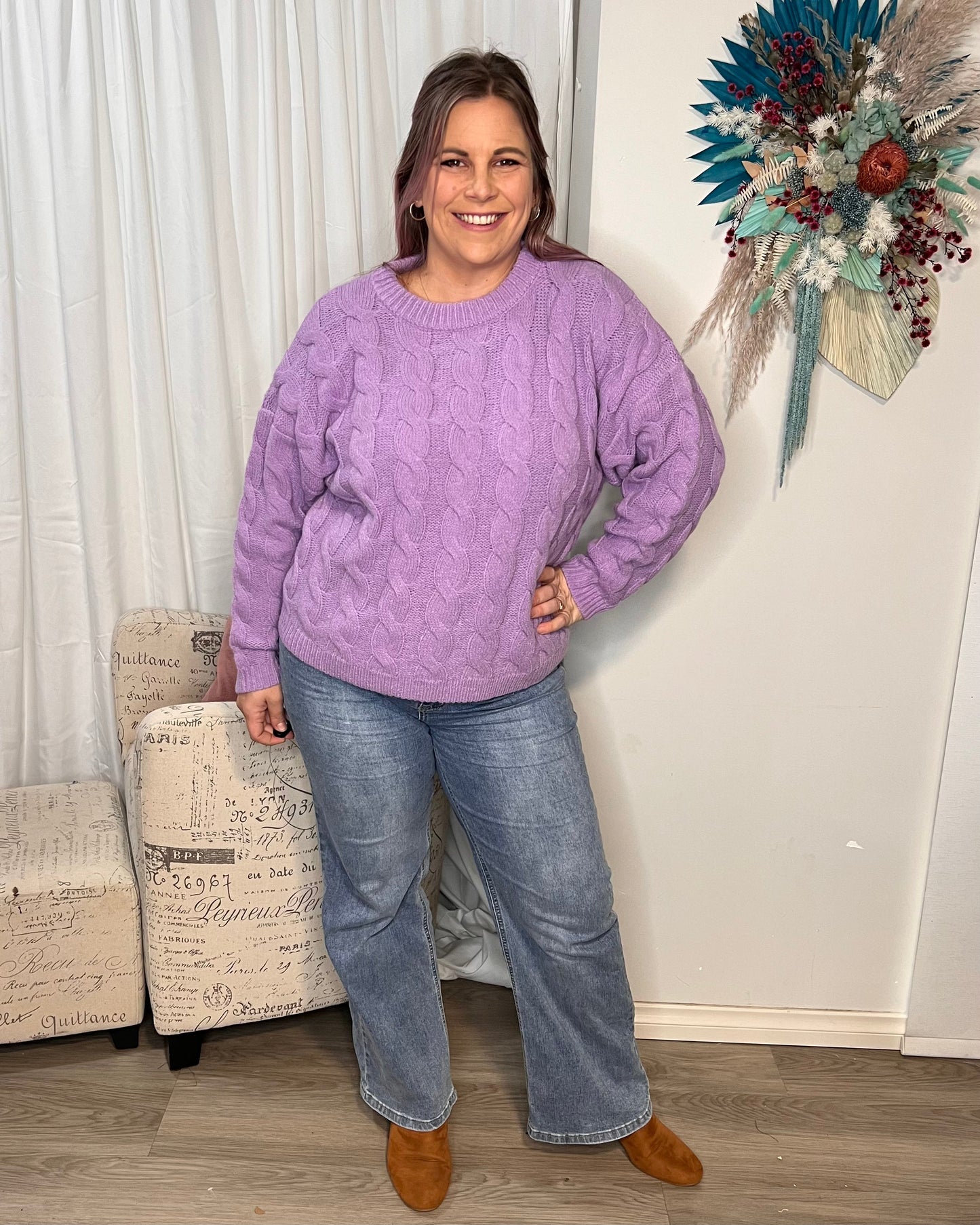 Felicity Cable Knit Jumper - Purple | Sass Clothing | This winter cable knit is brings a pop of colour to your winter wardrobe. It comes in pink or purple. Perfect for cold weather, this top features classic cable knit 