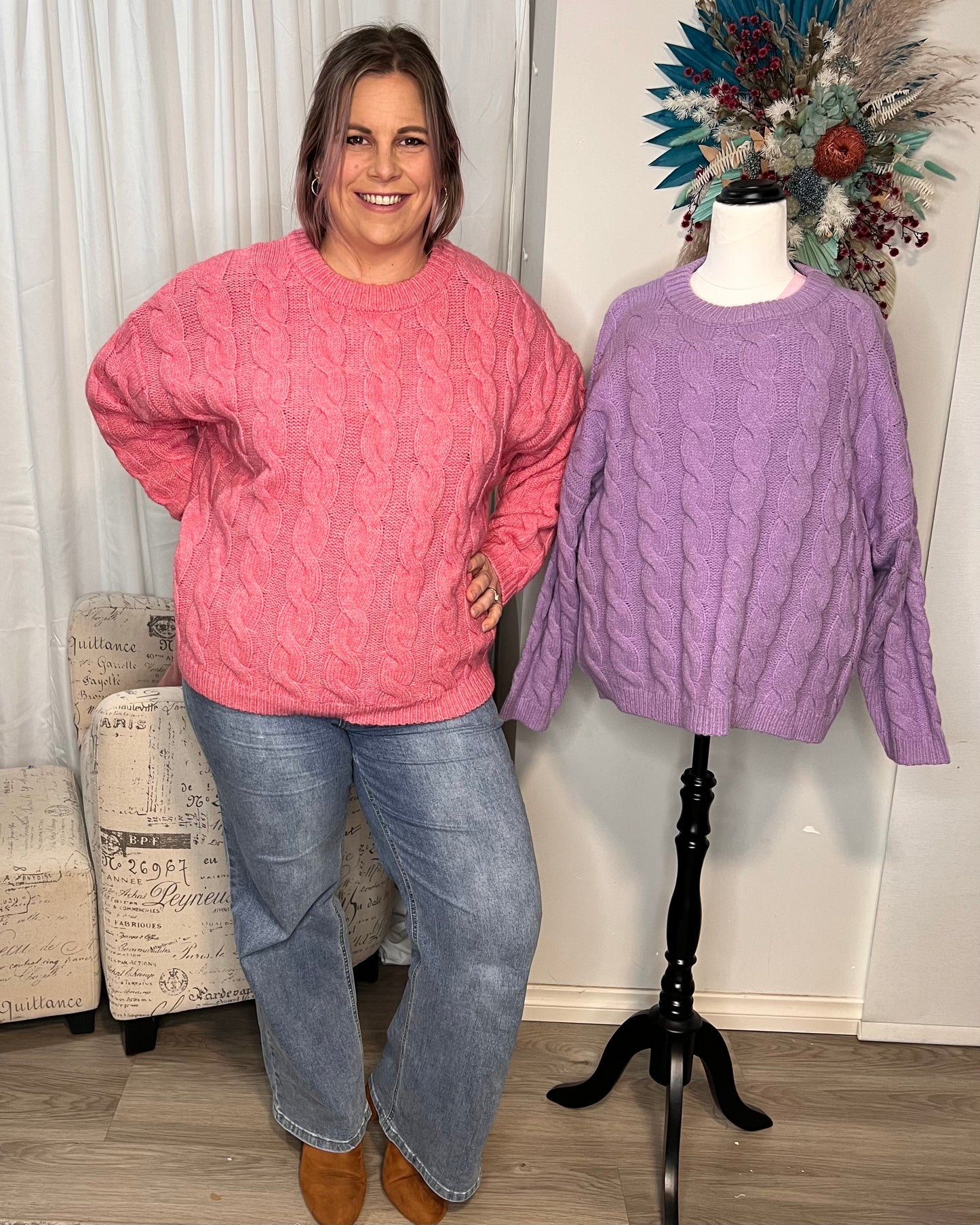 Felicity Cable Knit Jumper: This winter cable knit is brings a pop of colour to your winter wardrobe. It comes in pink or purple. Perfect for cold weather, this top features classic cable knit  - Ciao Bella Dresses 