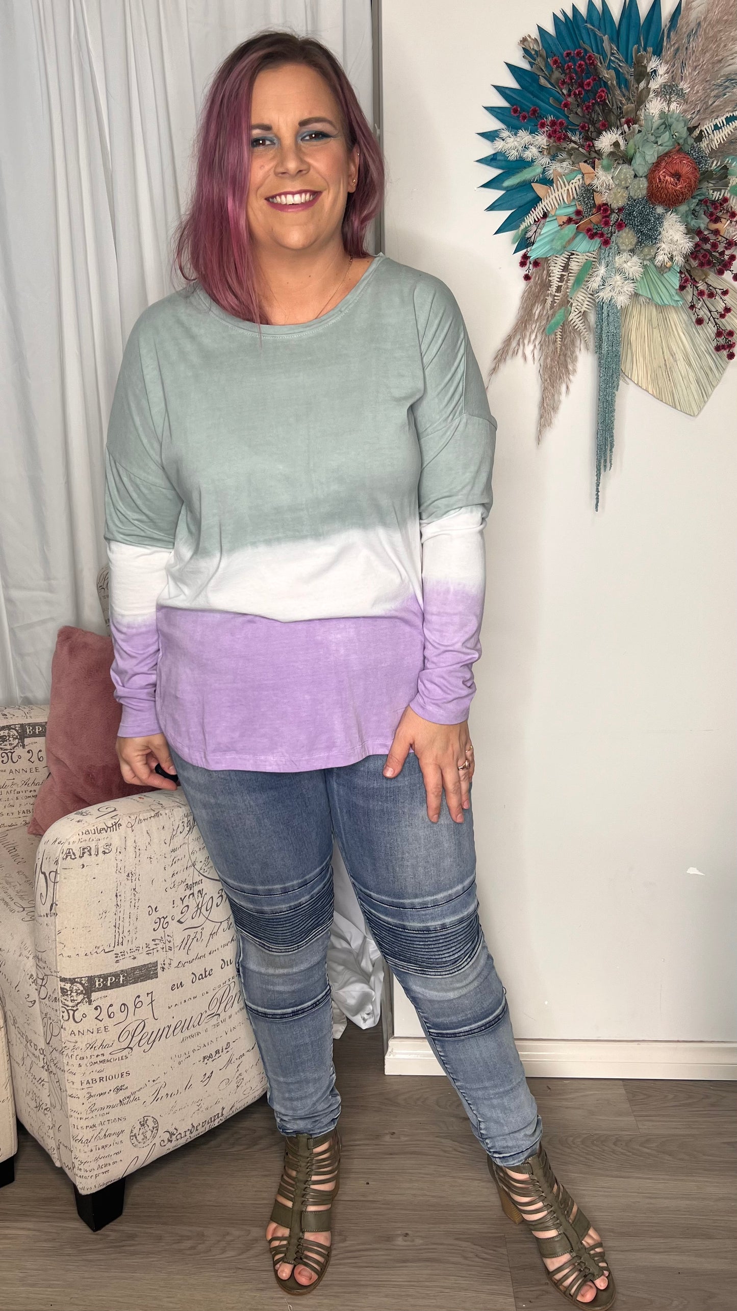 Cascade Long Sleeve Tee: A classic Elm long sleeve tee made from stretchy soft cotton elastane and featuring a flattering scoop hemline with cute and colourful tie dye on the body &amp; slee - Ciao Bella Dresses 