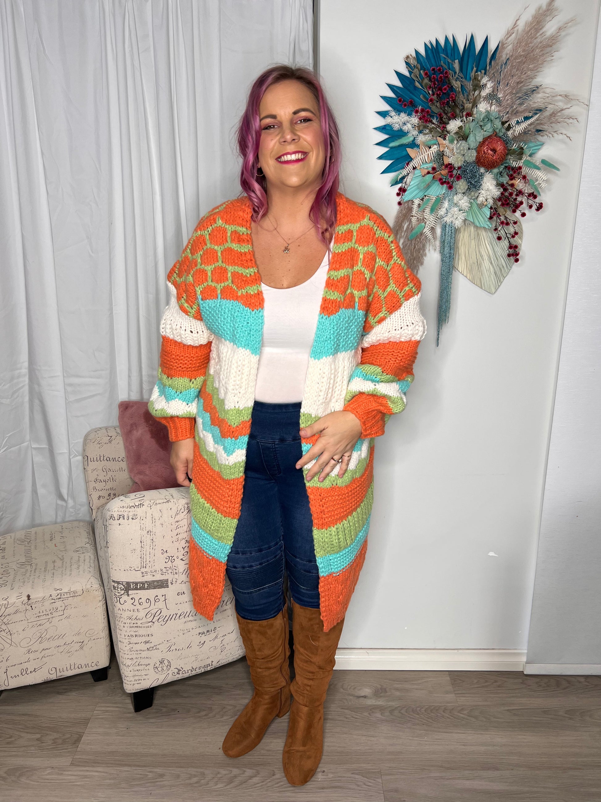 Munich Maxi Cardigan - Orange Aqua | Ebby and I | Fun! Check out this show stopping cardi. Wrap yourself in this bright and cosy oversized knit that will get you through the gloomiest winters day
Features:

Long, ov