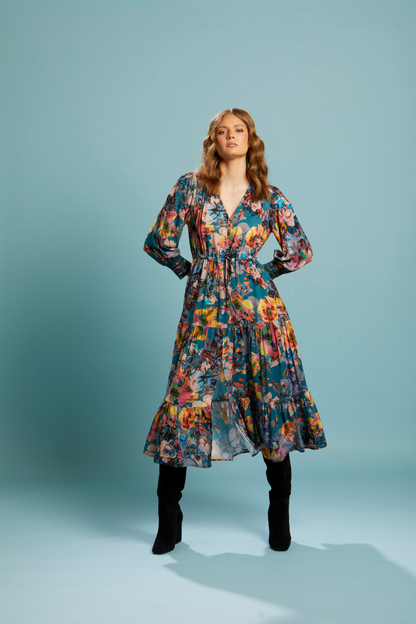 Pure Shores Tiered Midi Dress: Introducing the Pure Shores Tiered Midi Dress, a captivating blend of elegance and versatility. Adorned with a stunning teal bouquet pattern, this dress is a vision  - Ciao Bella Dresses - Fate + Becker