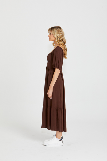 Yasmin Frill Hem Midi Dress: Introducing the Yasmin Frill Hem Midi Dress! With its flirty frill hem and elasticated square neckline, it exudes confidence and grace. The back shirred panel ensure - Ciao Bella Dresses - Sass Clothing
