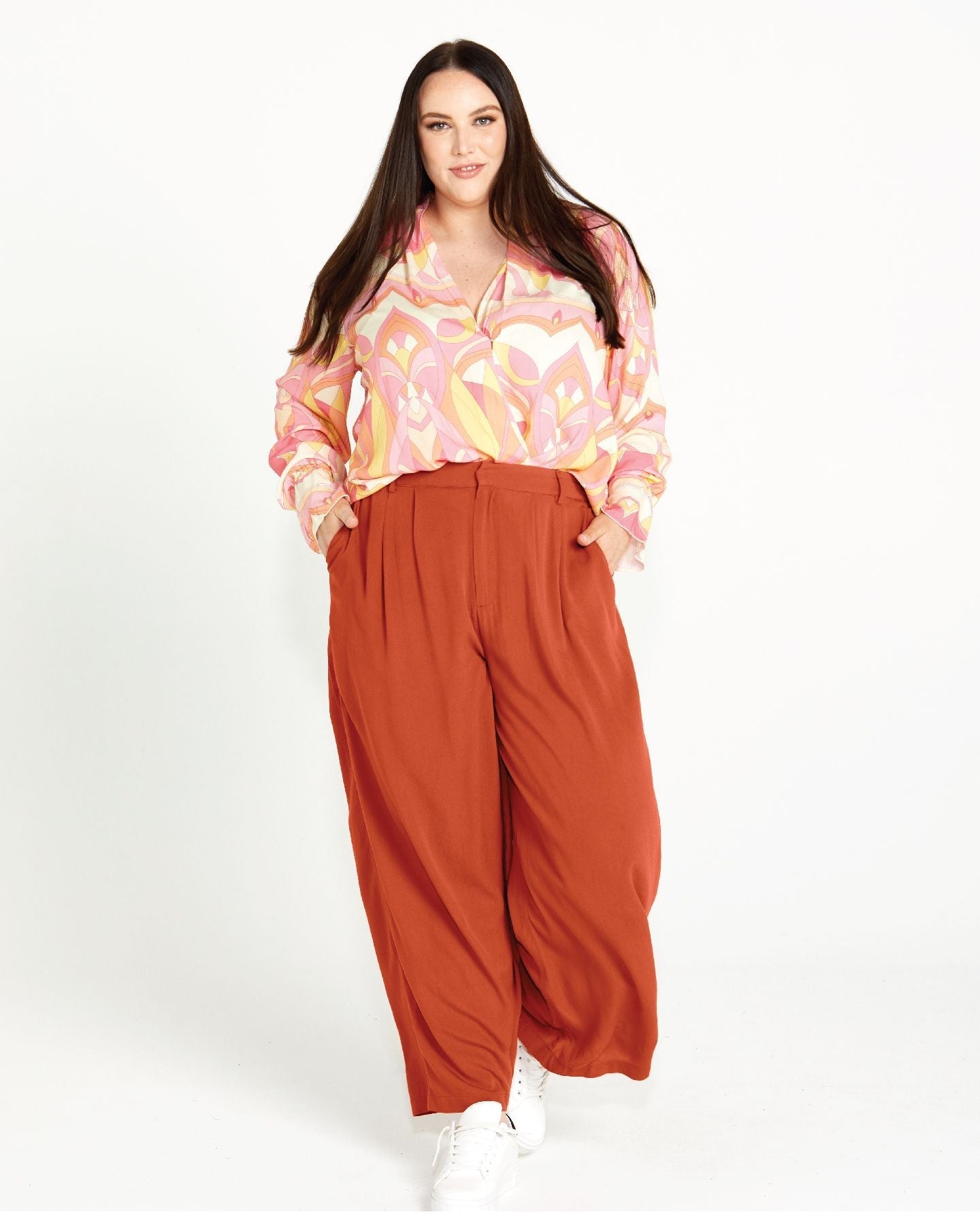 Vivienne Wide Leg Pants - Terracotta | Sass Clothing | Step into style and comfort with the Vivienne Wide Leg Pant! Featuring soft tailoring and a chic, wide leg design, these pants are the perfect choice for keeping you