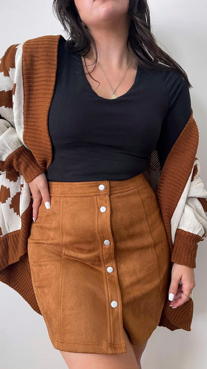 Becca Skirt - Brandy | Sass Clothing | 
All your retro dreams have come true! Sweet and chic in Suedette the Becca Skirt is the perfect casual mini for your winter style. With a slimming high waisted silh