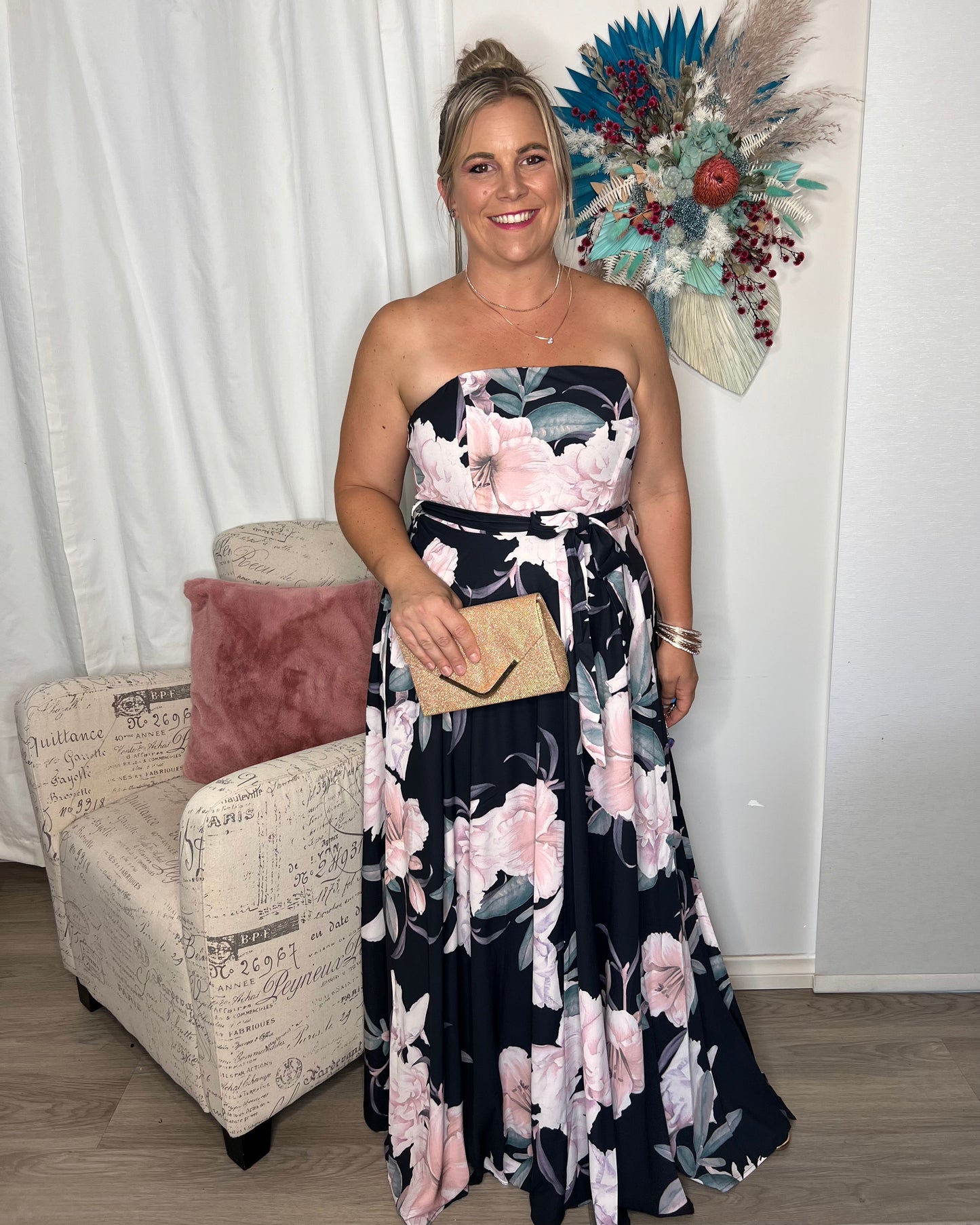 Jayla Floral Dress: The Jayla Dress is an elegant maxi dress with a full skirt with extra fabric for added “swoosh”. Due to the full skirt, it is also perfect for a baby bump
Features:
 - Ciao Bella Dresses 