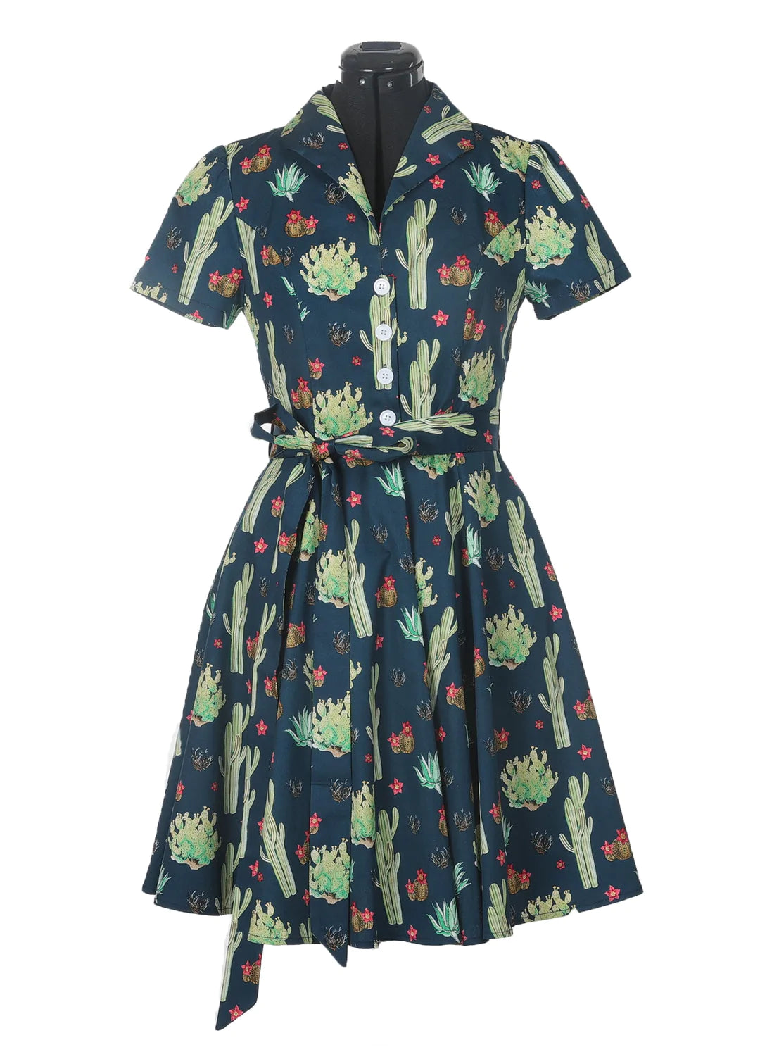 Betty Dress - Arizona Garden | Miss Molly M Designs | 
The Betty Dress features a fitted shirt waist bodice with 4 buttons, cinched waist, flared skirt, turn down collar, side pockets, fully lined bodice, short sleeves,