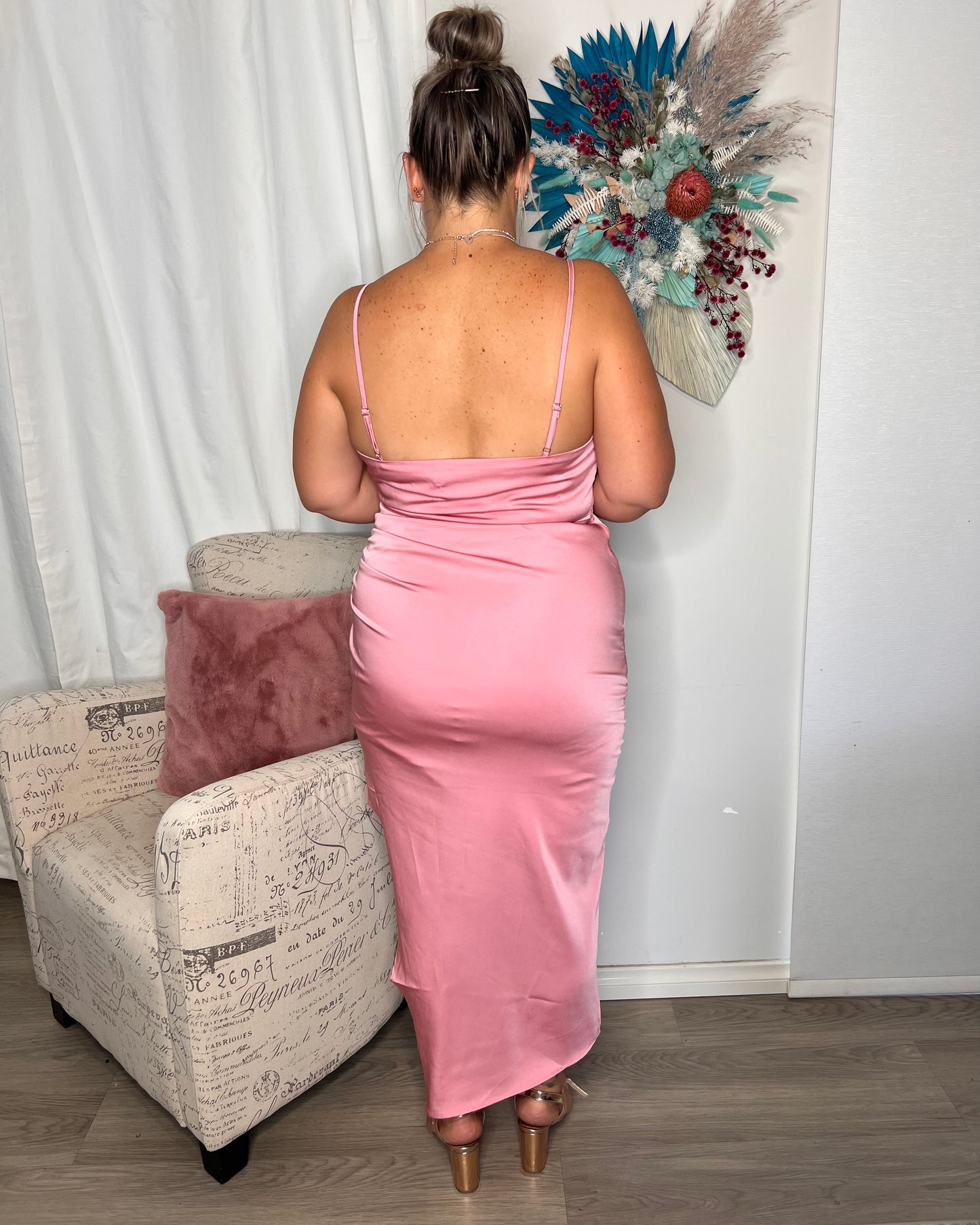 Haidee Dress: 
This satin feel cocktail dress is the perfect addition to your next girls night or cocktail function

Zip up back
Adjustable straps
Choose size according to your bo - Ciao Bella Dresses 