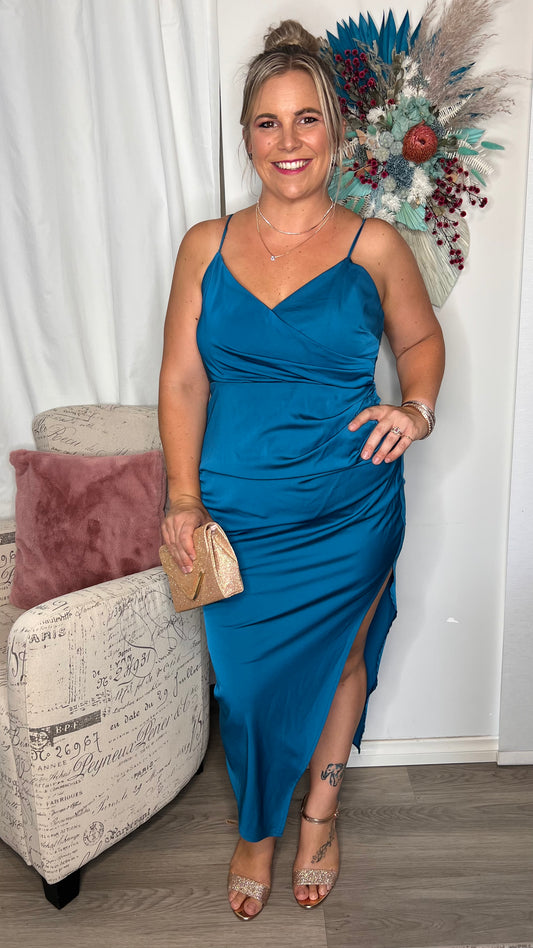 Haidee Dress - Blue Jade | Style State | This satin feel cocktail dress is the perfect addition to your next girls night or cocktail function

Zip up back
Adjustable straps
Choose size according to your bot