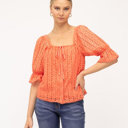 Jeans and a nice top? We got you!
The Emily Broderie Top is perfect to dress down with denim shorts, wear out with jeans or dress up with a maxi skirt

Broderie - 10 - Emily Broderie Top - Tangerine - Label of Love