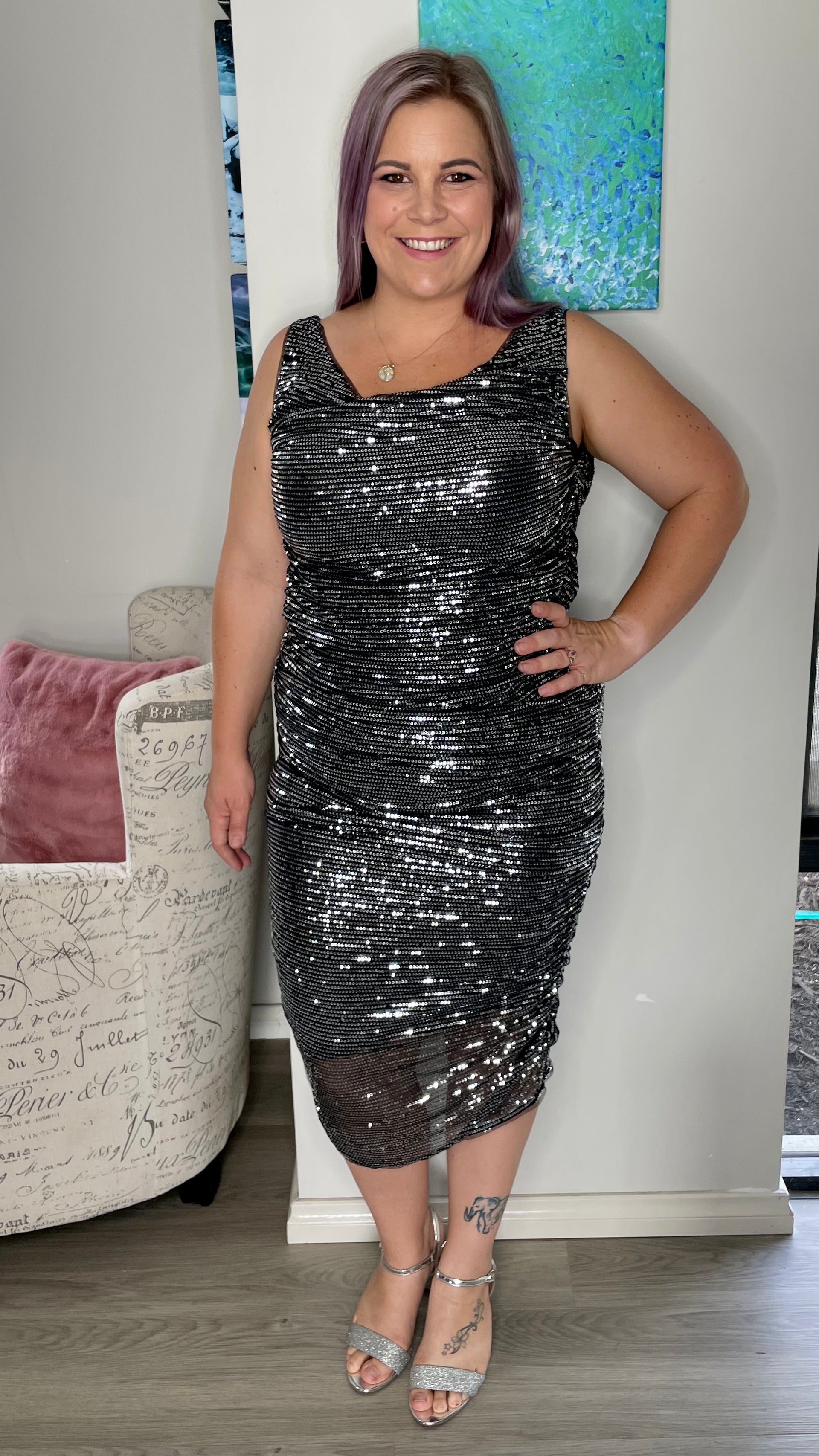 Glow Sequin Midi Silver Black B by Bariano Ciao Bella Dresses