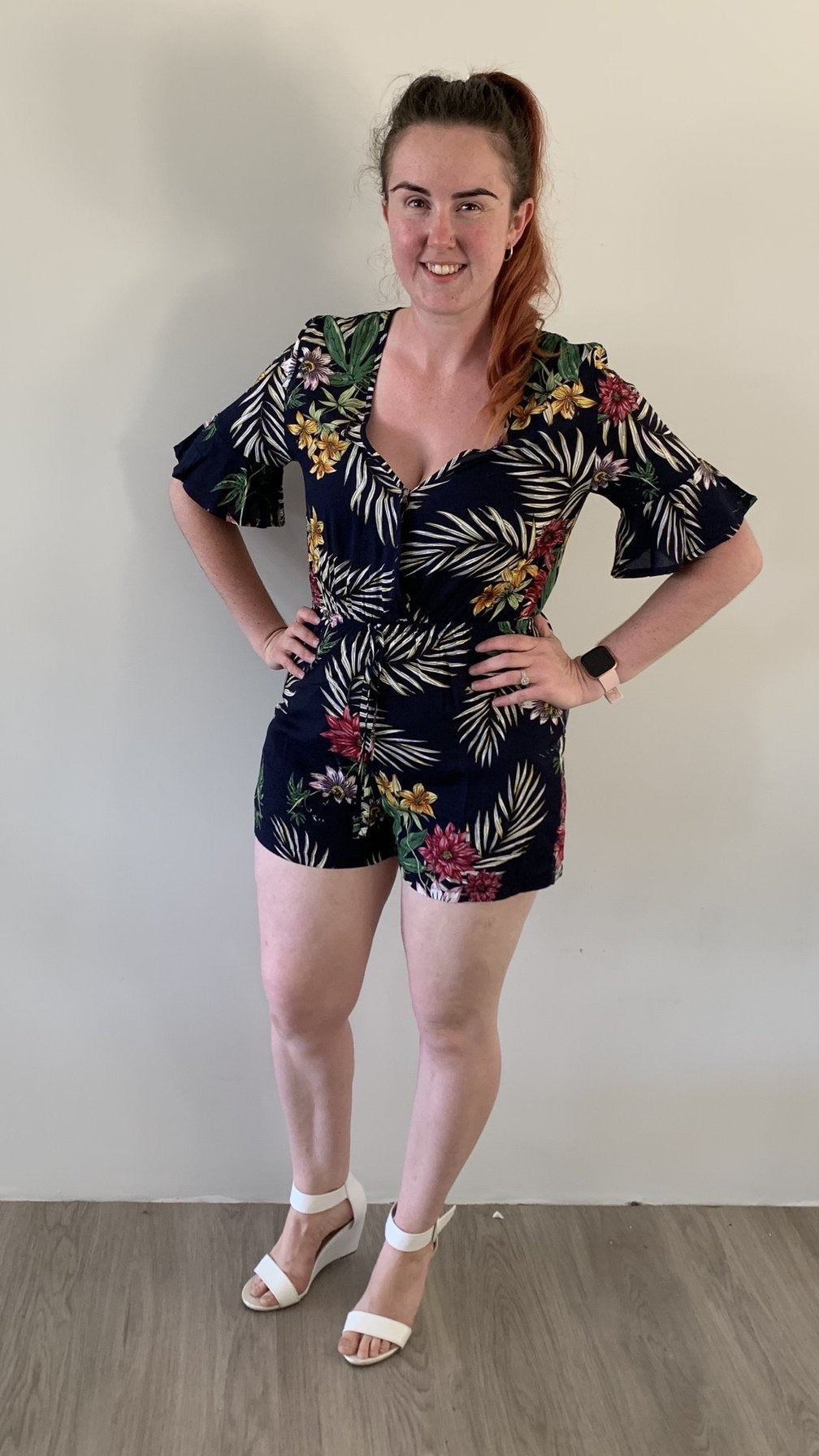 Navy Floral Playsuit: 
Polyester
Small sizing - size up
 - Ciao Bella Dresses 