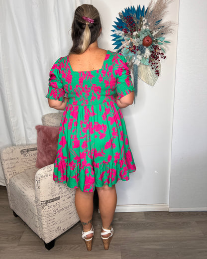 Melissa Mini Dress - Pink on Green Floral - Ciao Bella Dresses