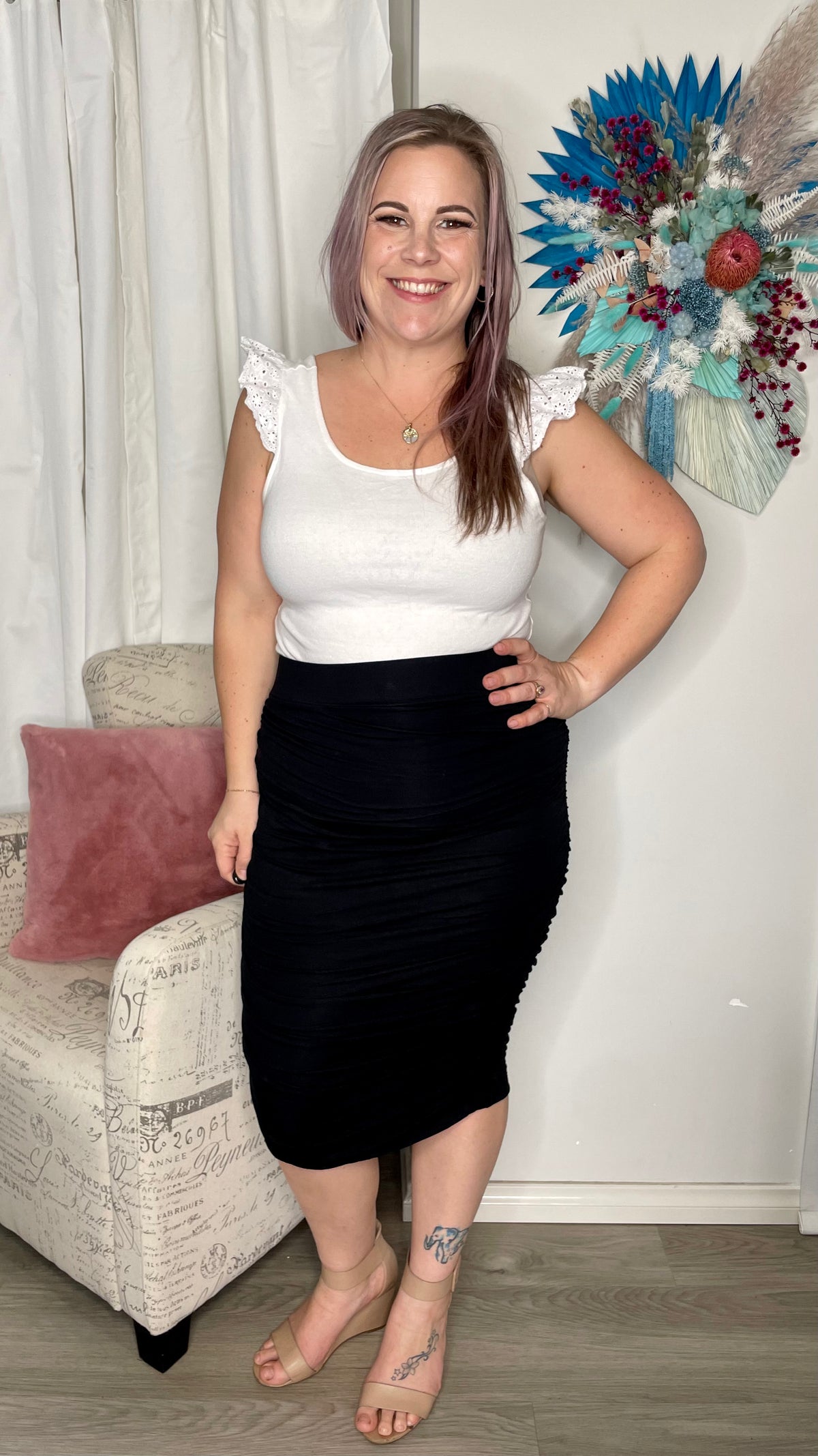 Nadia Skirt - Black | Betty Basics | Sleek, a little bit sexy and totally effortless, this pencil midi skirt is perfect to wear from day to night. Featuring flattering ruching and made with a double lay