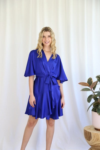 Twyla Dress - Cobalt Blue - Get party season ready with the satin look Twyla dress. The Twyla is a faux wrap dress with a flutter sleeve and a fun frill hemline

Faux wrap 
Breastfeeding friend - Ciao Bella Dresses - Roseason