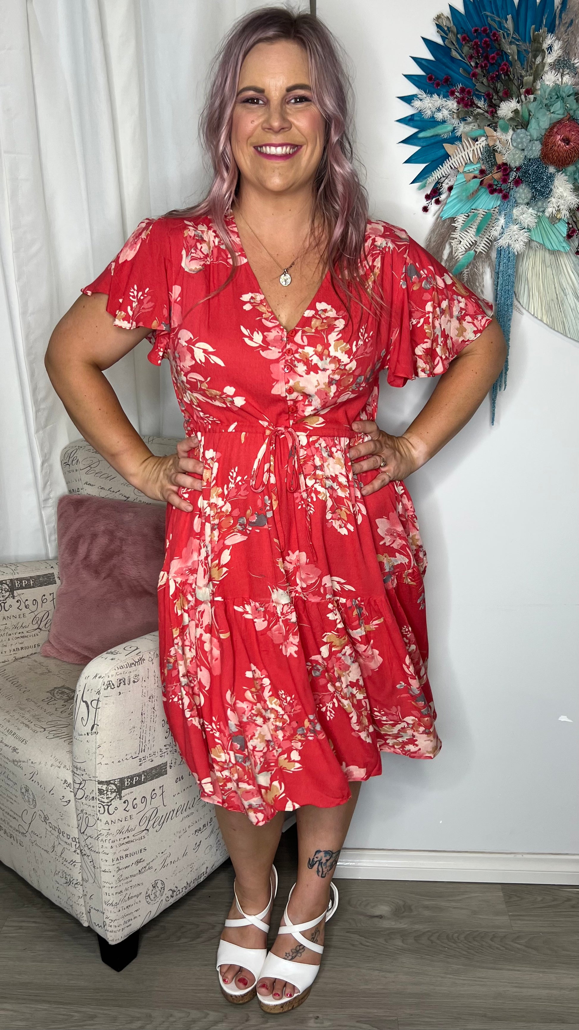 Red floral wrap mini 2025 dress
