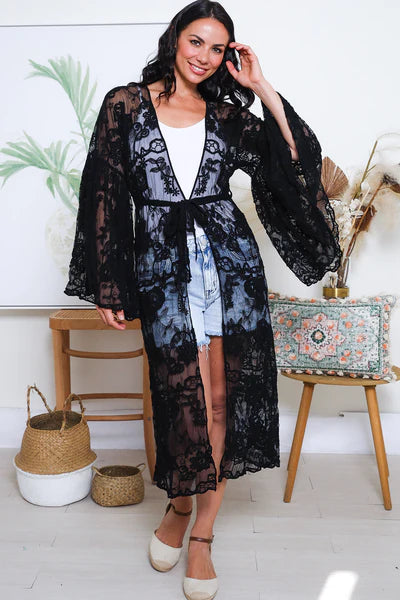 Add an instant touch of glamour with this stunning embroidered lace cape

Leave it open or tie at the front with the attached tie
Floaty bell sleeves
Free size fits  - Embroidered Lace Cape - Isabella