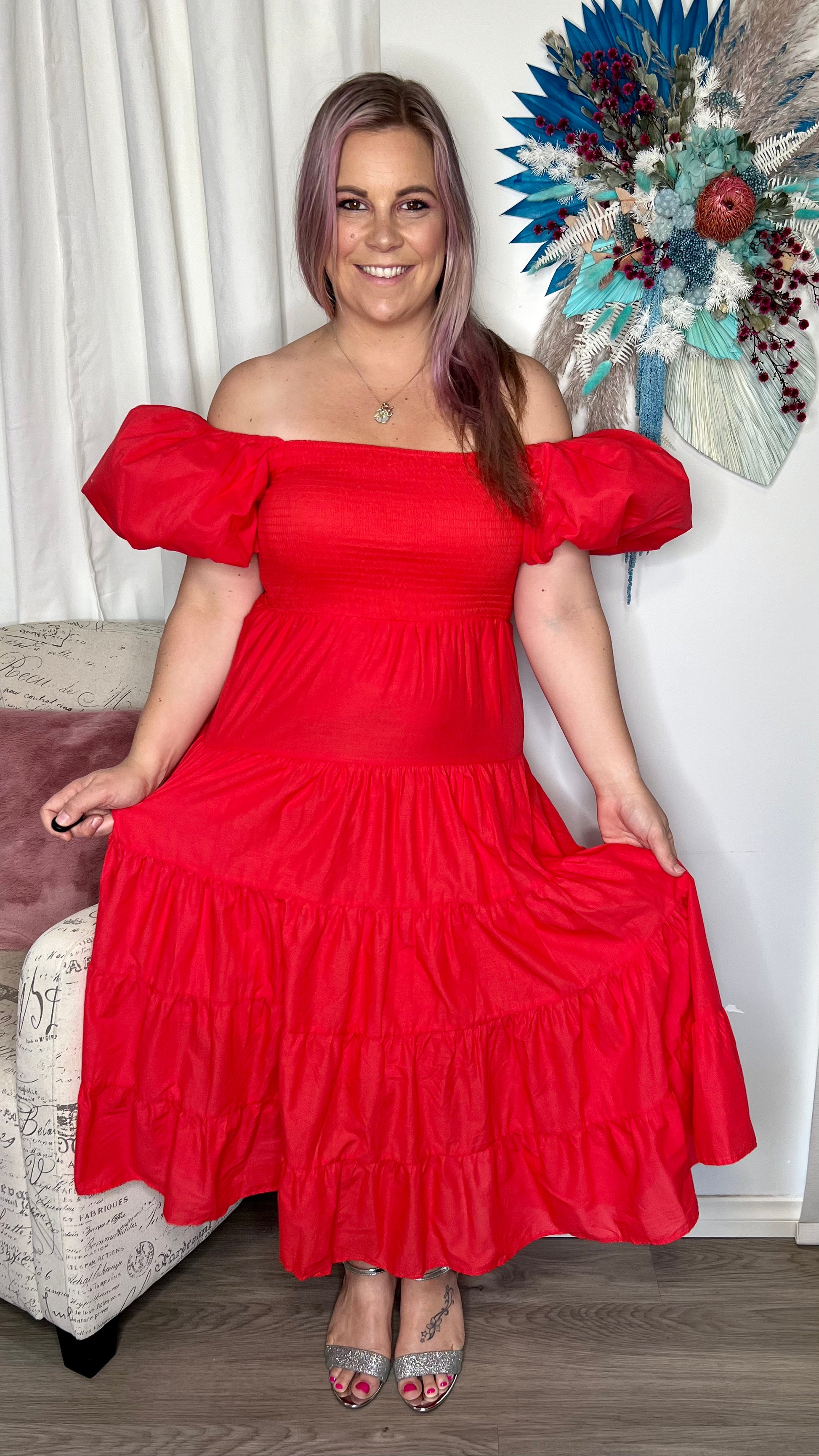 Charlotte Dress: The Charlotte Dress is made to party. It features a shirred bust, puff sleeves and a tiered skirt

Shirred bust - can pull down to breastfeed
Puff sleeves can be wor - Ciao Bella Dresses 
