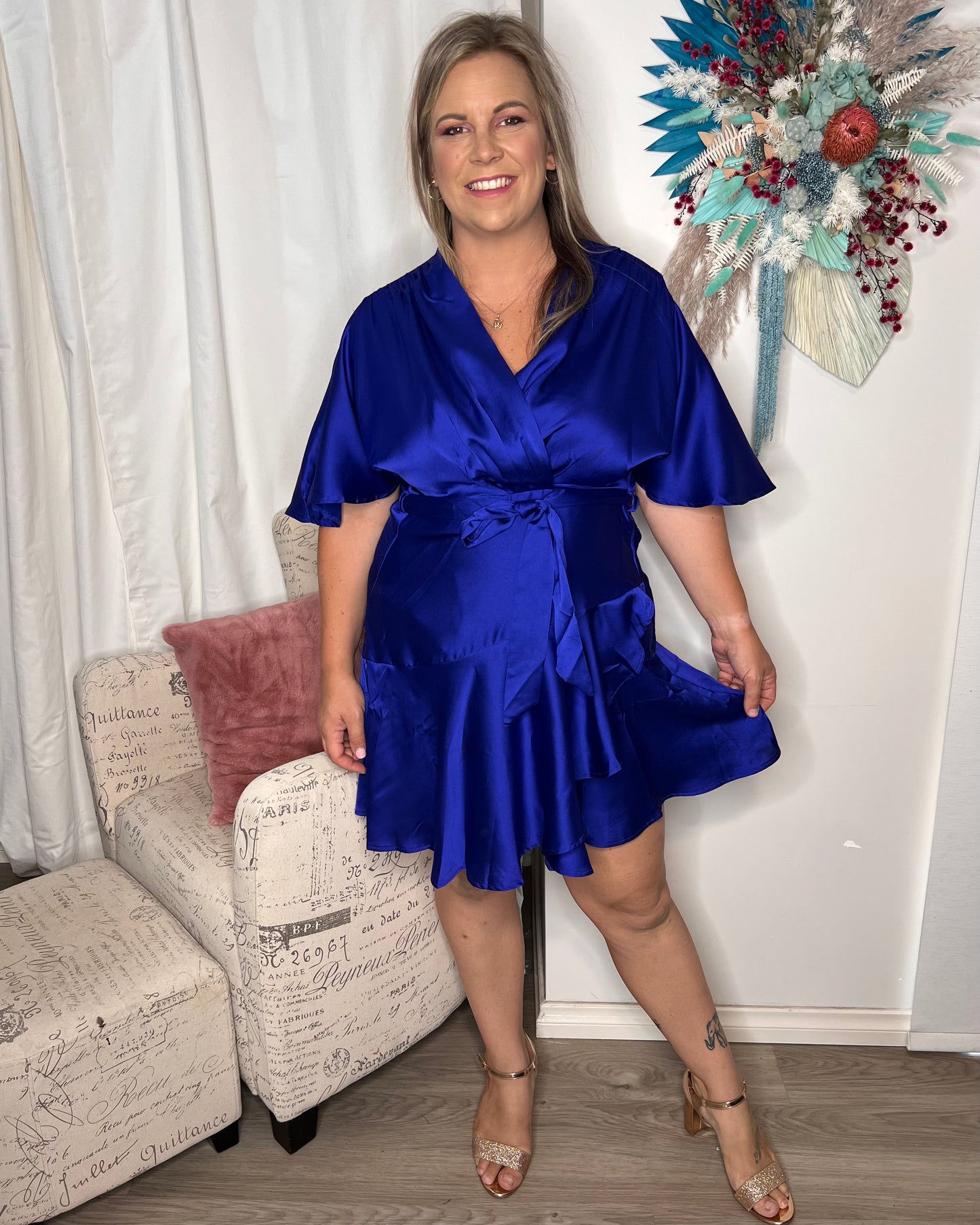 Twyla Dress - Cobalt Blue - Get party season ready with the satin look Twyla dress. The Twyla is a faux wrap dress with a flutter sleeve and a fun frill hemline

Faux wrap 
Breastfeeding friend - Ciao Bella Dresses - Roseason