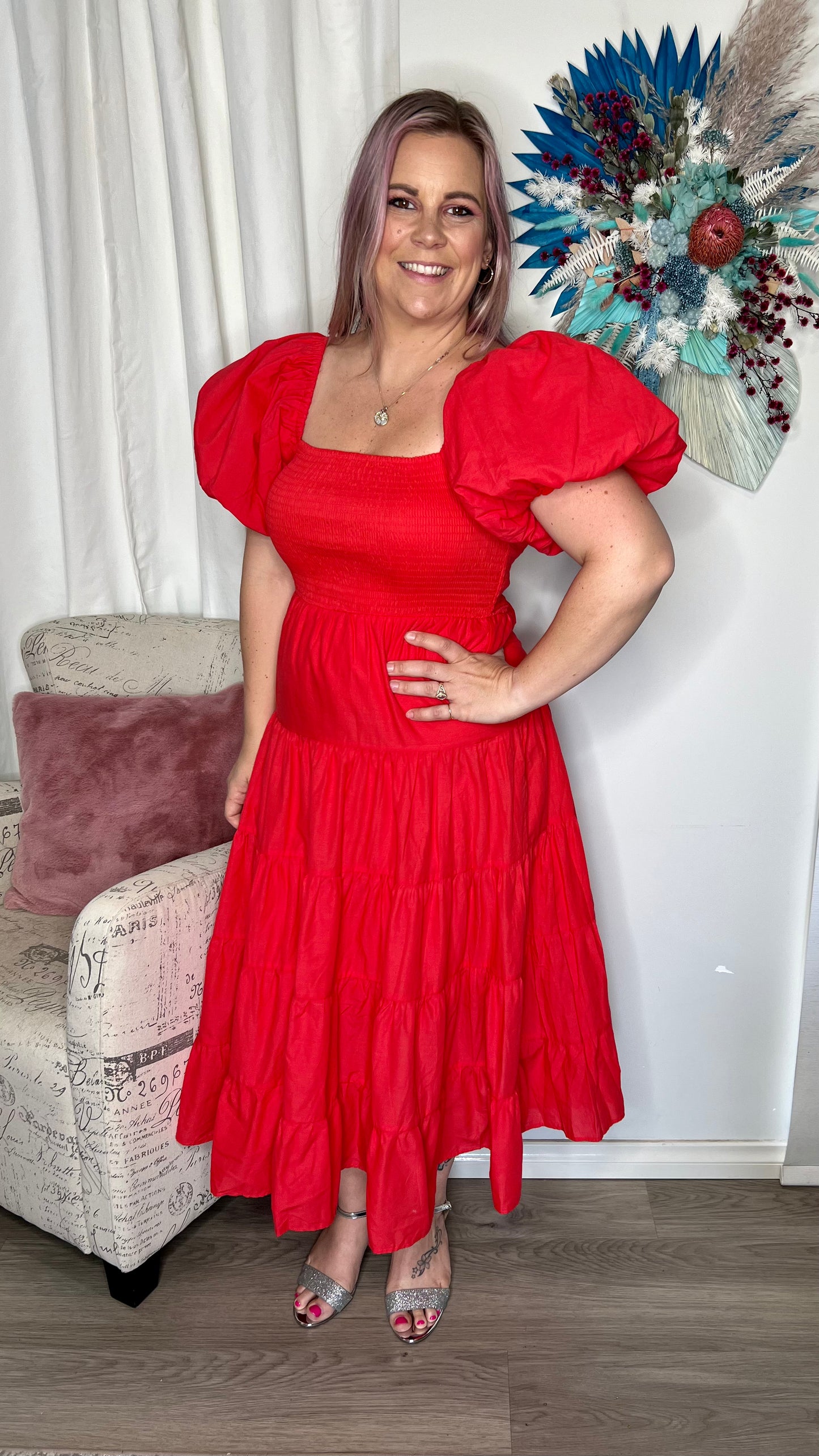Charlotte Dress: The Charlotte Dress is made to party. It features a shirred bust, puff sleeves and a tiered skirt

Shirred bust - can pull down to breastfeed
Puff sleeves can be wor - Ciao Bella Dresses 