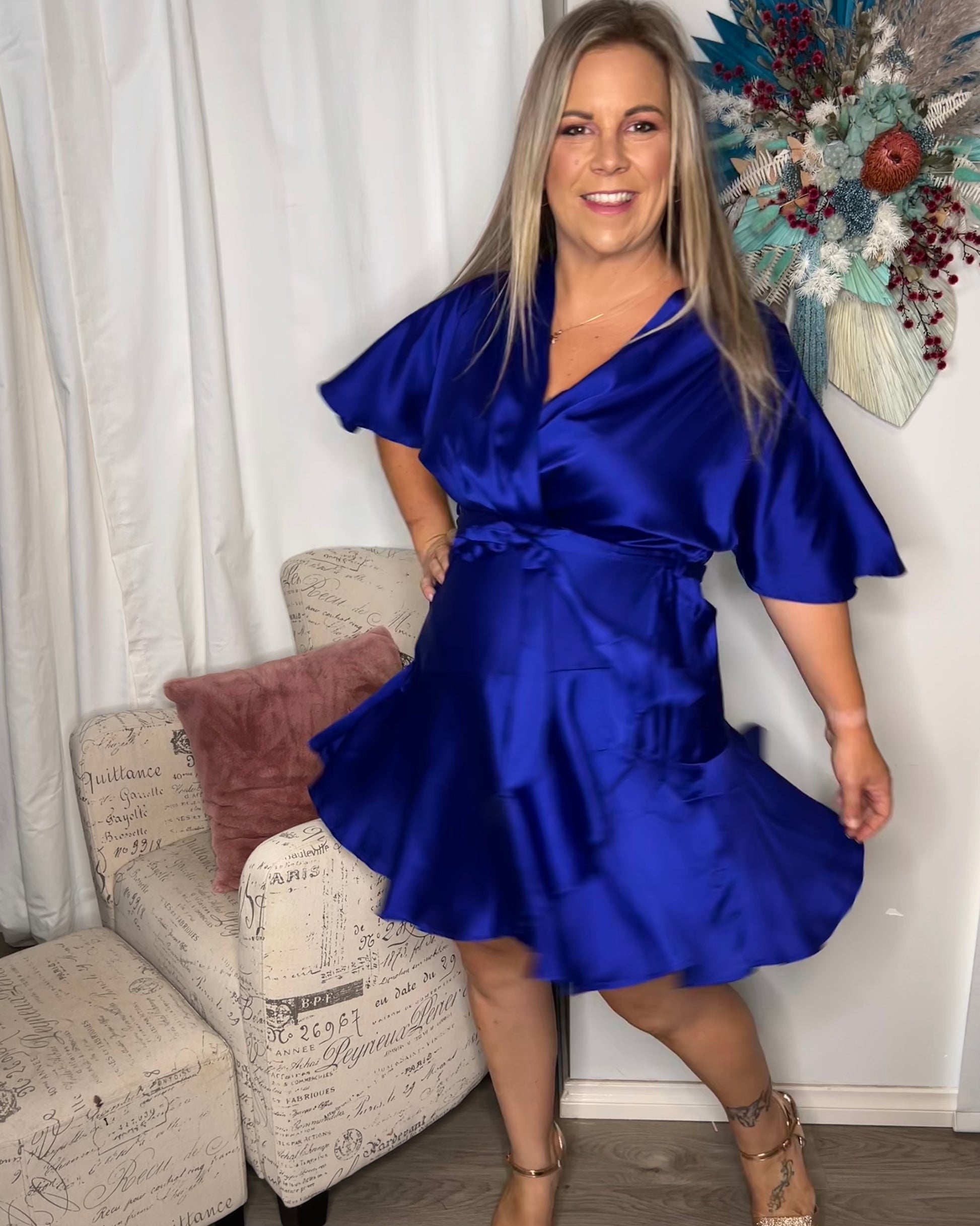 Twyla Dress - Cobalt Blue - Get party season ready with the satin look Twyla dress. The Twyla is a faux wrap dress with a flutter sleeve and a fun frill hemline

Faux wrap 
Breastfeeding friend - Ciao Bella Dresses - Roseason