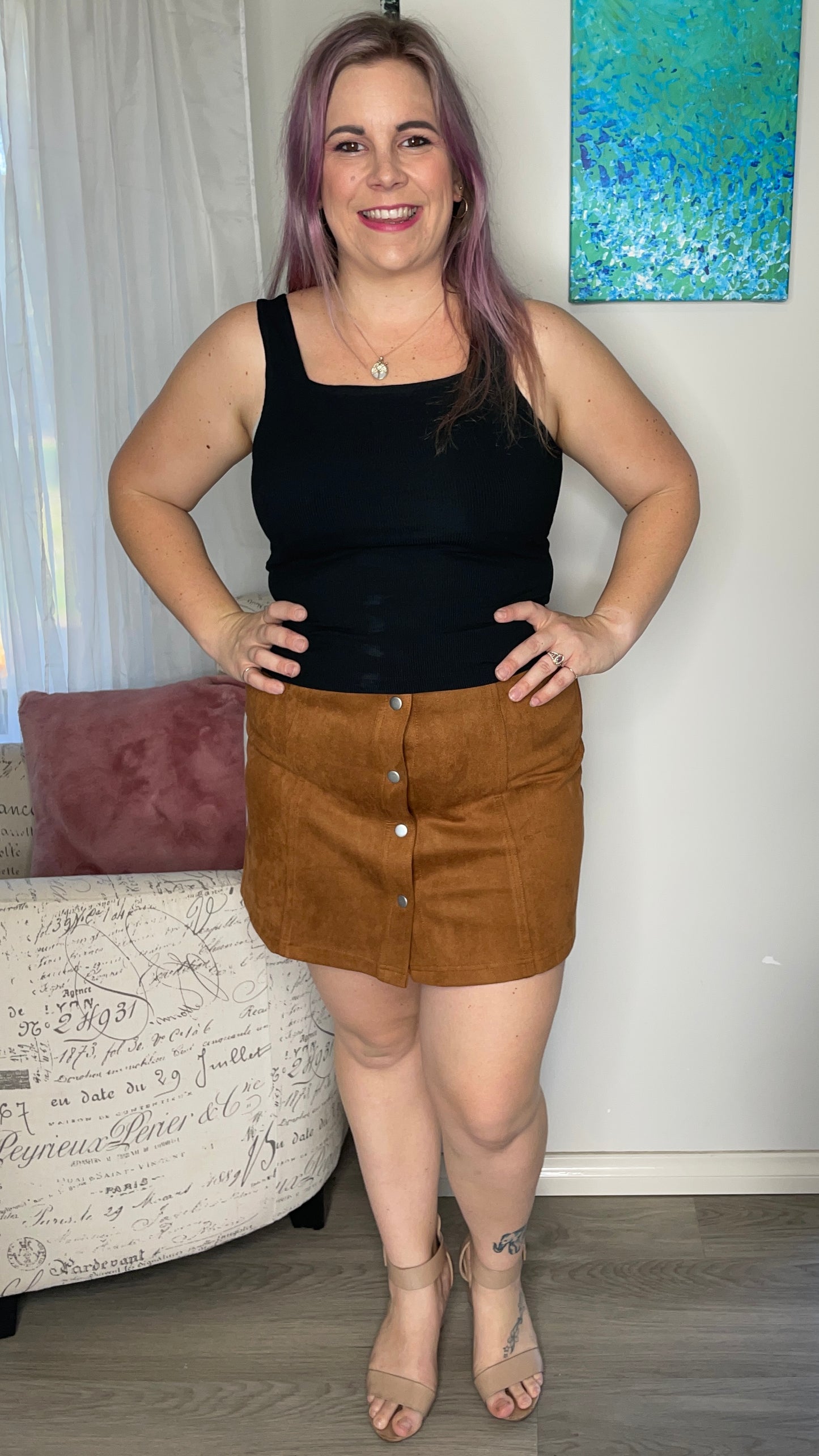 Becca Skirt - Brandy | Sass Clothing | 
All your retro dreams have come true! Sweet and chic in Suedette the Becca Skirt is the perfect casual mini for your winter style. With a slimming high waisted silh