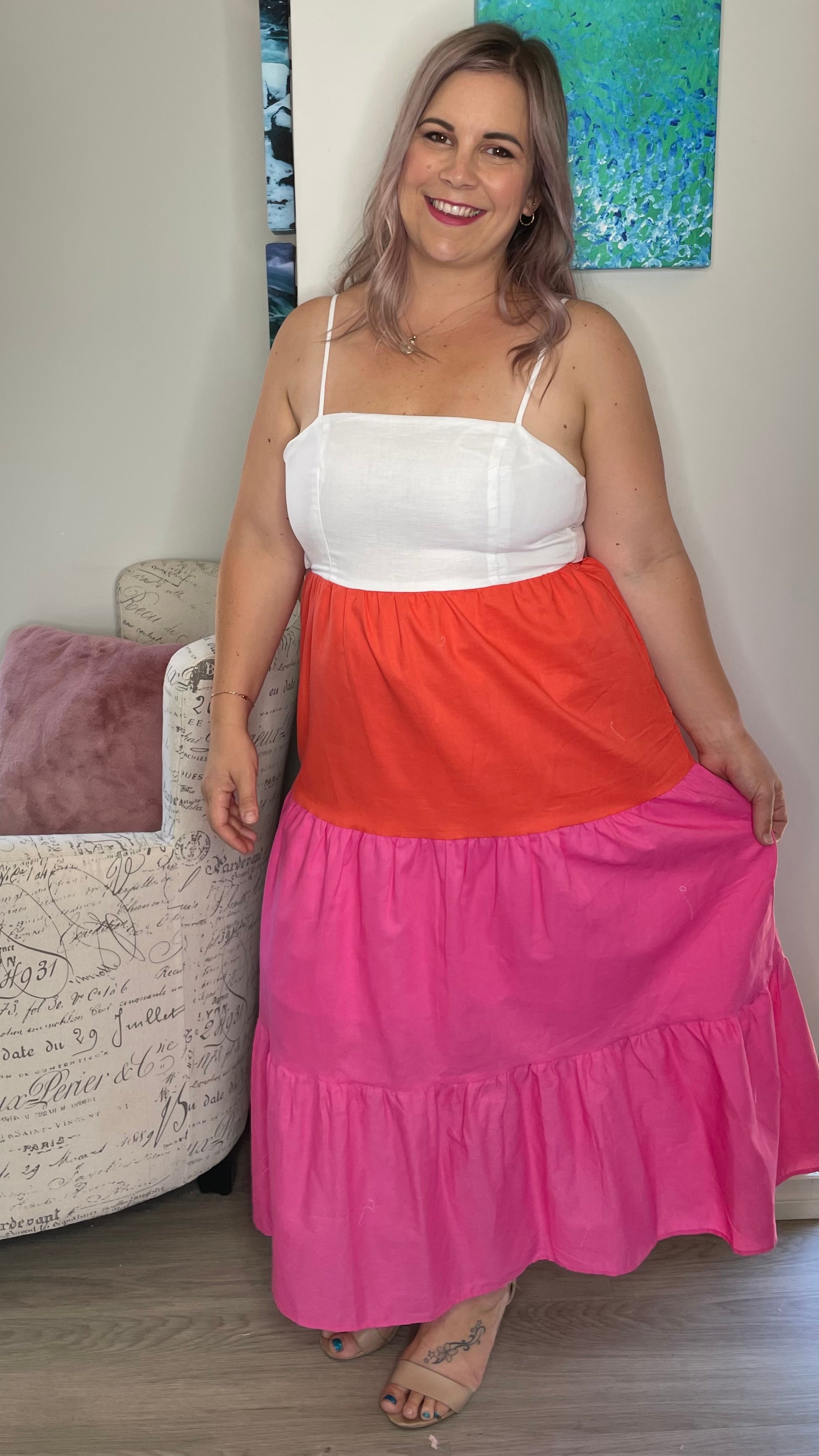 Tores Dress - Pink & Orange | Ebby and I | 
Self tie back
Elasticised at waist
Midi length
Cotton / linen blend
True to size
Danika wears a size 12

Shop other colours HERE