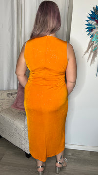 Kyan Glitter Dress - Tangerine | Spicy Sugar | 
Polyester / elastane 
True to size - if between sizes, size down
Danika is wearing a size 12
Lots of stretch with zip up back
Pull aside for breastfeeding access 

