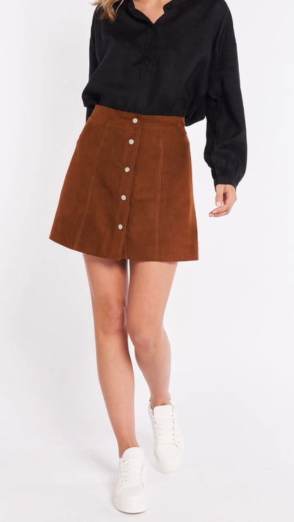 Becca Skirt - Brandy | Sass Clothing | 
All your retro dreams have come true! Sweet and chic in Suedette the Becca Skirt is the perfect casual mini for your winter style. With a slimming high waisted silh