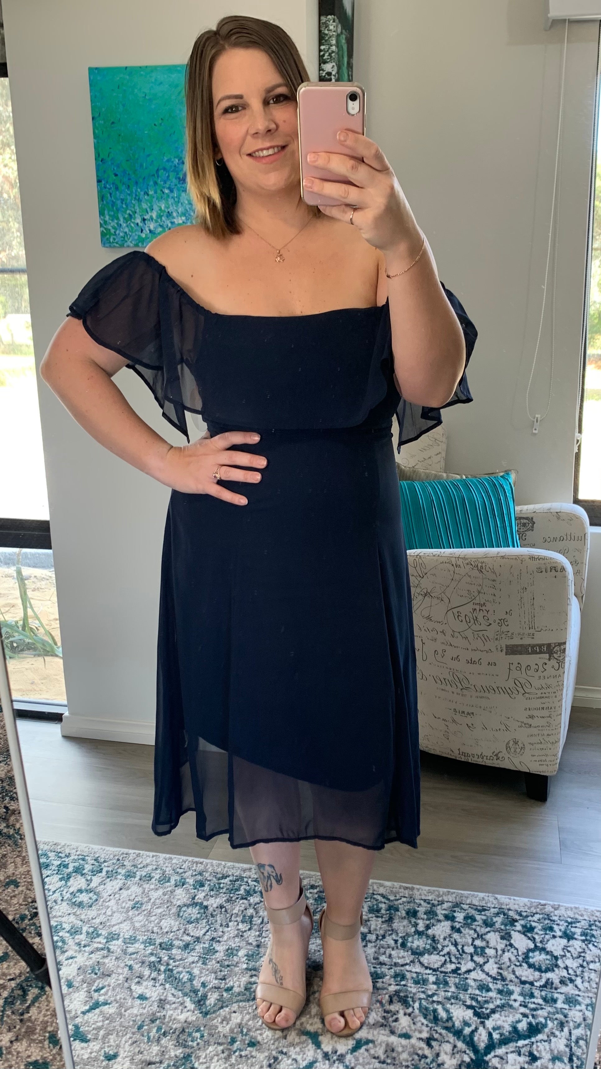 Kendall Off Shoulder Dress - Navy: 
Fitted bodice and off the shoulder ruffle
Zip up back
True to size
Danika is wearing a size 12

Also available in NAVY FLORAL - Ciao Bella Dresses - Teaberry