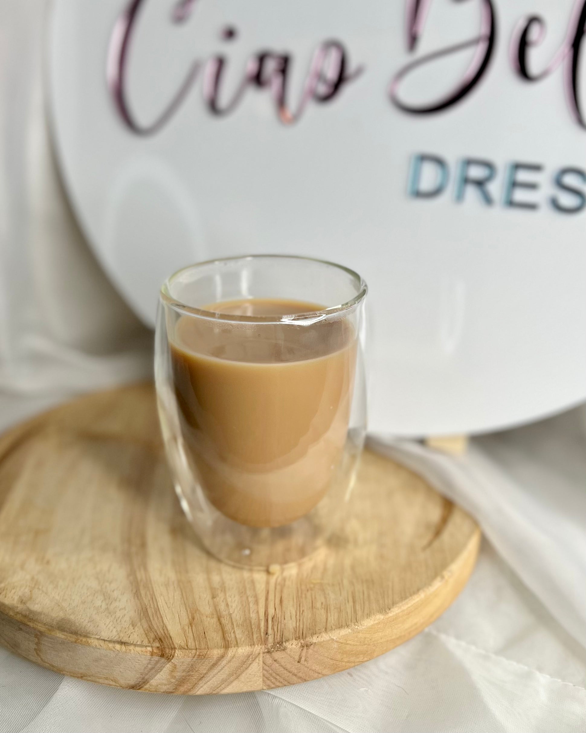Double Walled Latte Cup: 

Double wall
300mL volume

 - Ciao Bella Dresses 