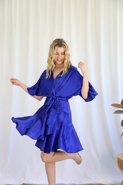 Twyla Dress - Cobalt Blue - Get party season ready with the satin look Twyla dress. The Twyla is a faux wrap dress with a flutter sleeve and a fun frill hemline

Faux wrap 
Breastfeeding friend - Ciao Bella Dresses - Roseason