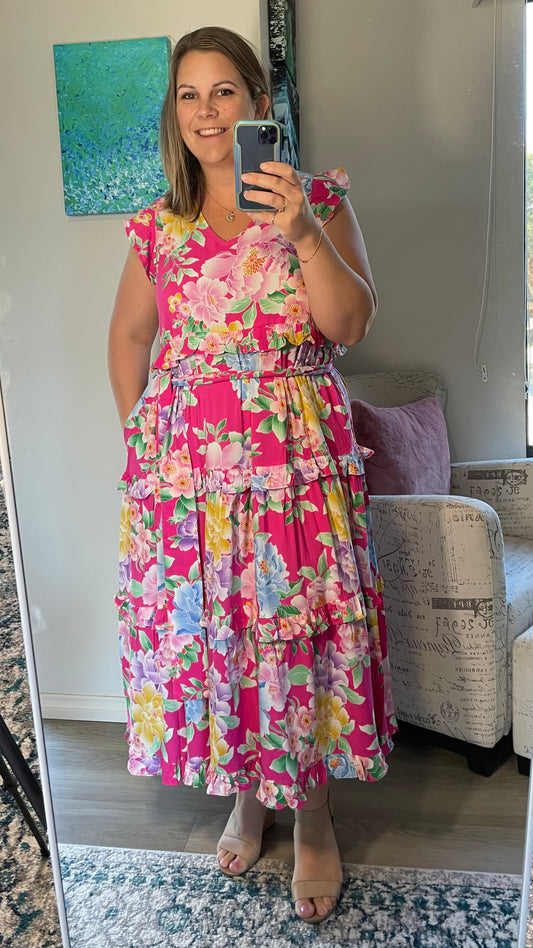 
True to size
Danika wears a size 12
Long midi length
Detachable waist tie
Flutter sleeve
 - Zavia Tier Dress - Hot Pink Floral - Boho Australia