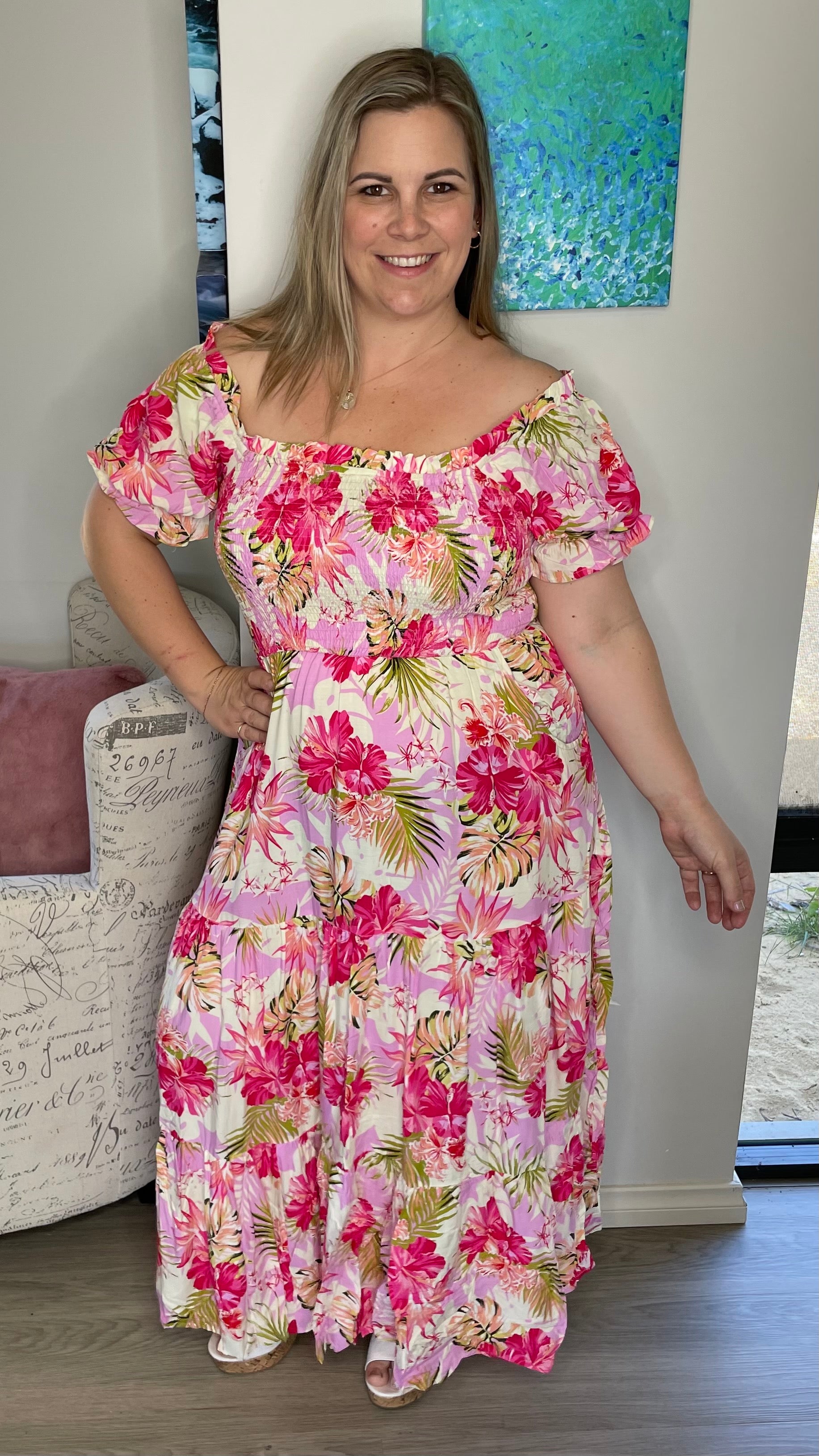 Pink floral off 2024 the shoulder maxi dress