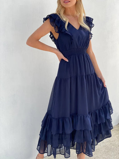 Diana Ruffle Dress: Be the centre of attention no matter what your plans are with this navy ruffle dress. It's navy blue hue chiffon material is sure to inject some bold tones into your - Ciao Bella Dresses 