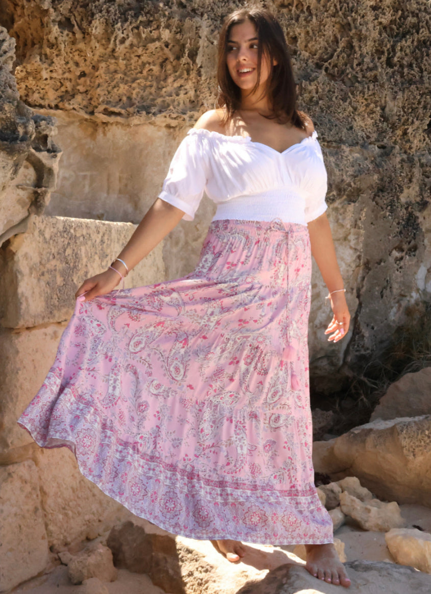 Penny Maxi Skirt - Pink Lemonade: This stunning piece is comfortable as well as absolutely stunning
Features: 

Shirred waistband with draw string
Maxi length
True to size
Tiered flowy shape
Danika w - Ciao Bella Dresses 